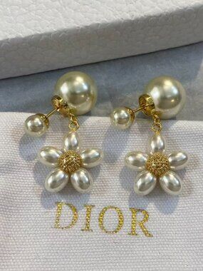 Dior Gold Tone Pearl Stud Dangle Earrings